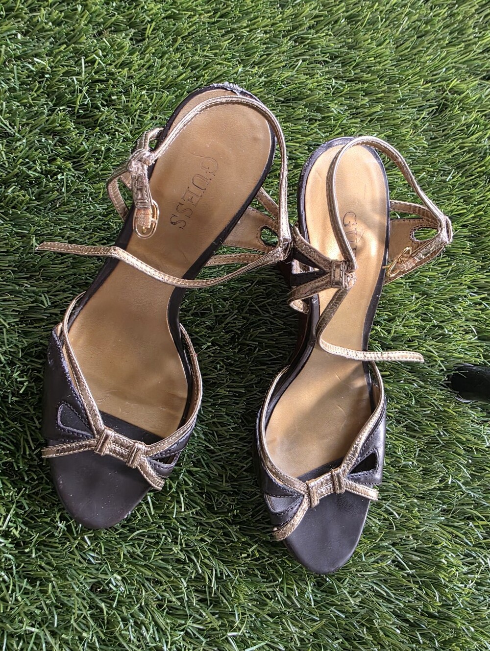 GUESS Women's Dark Browm and Gold Strappy Open-Toe Wedge Heels